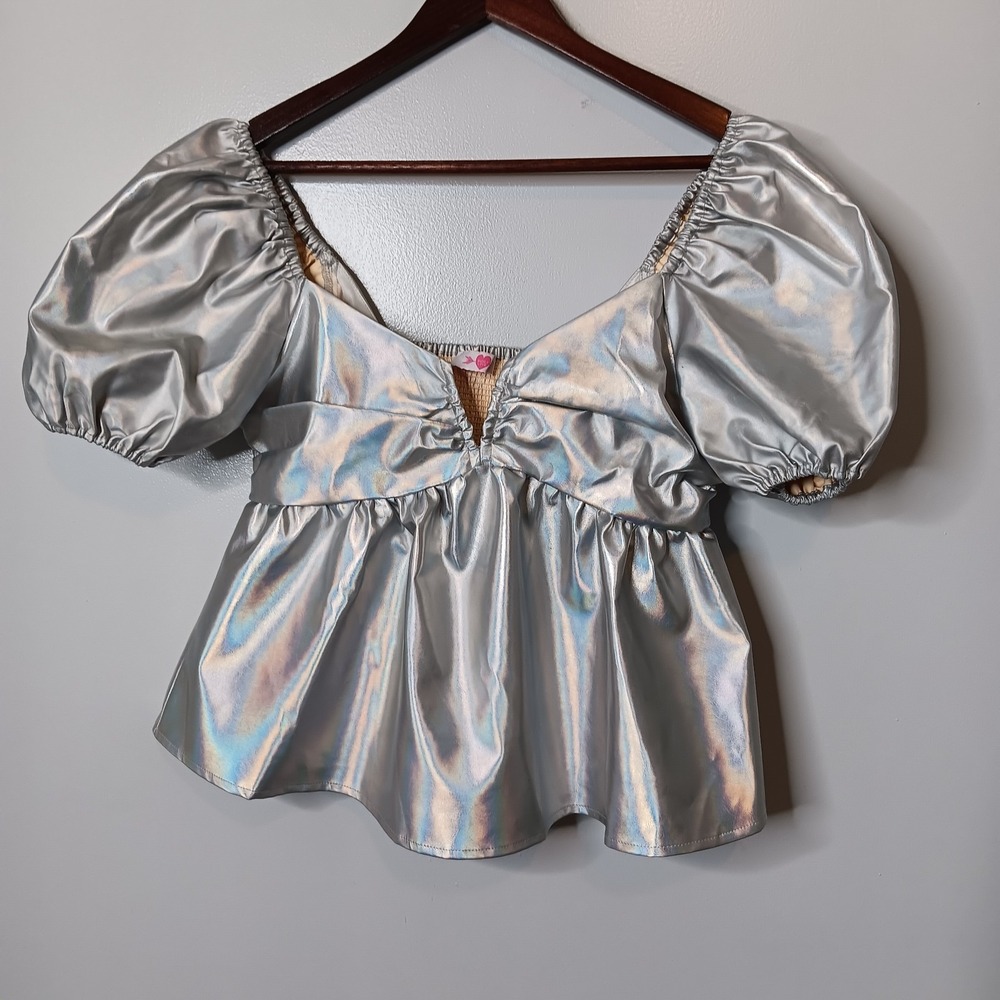 Revolve Buddy Love Houston Top M Iridescent Silver Puff Sleeve Babydoll Y2K - Picture 2 of 10
